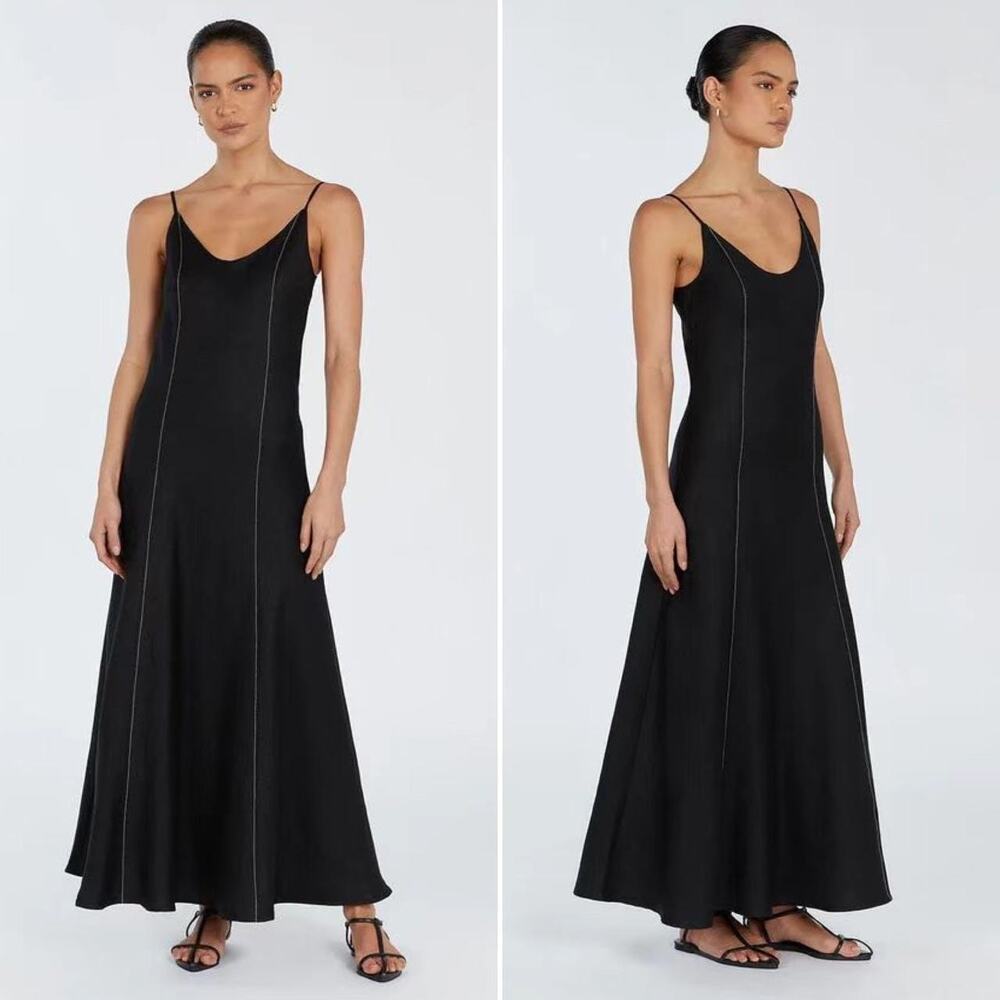 DISSH Giana Scoop Contrast Stitch Long Black Linen Quiet Luxury Maxi Dress 6